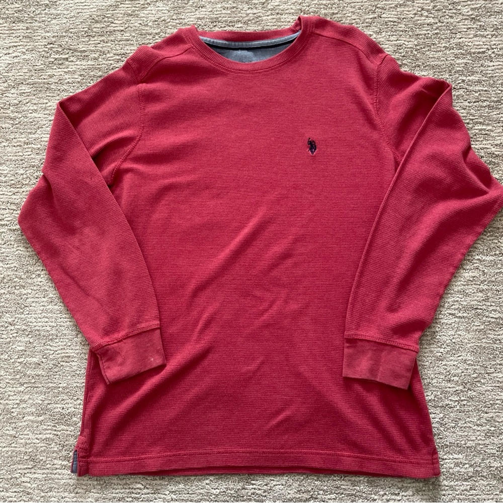 U.S. Polo Assn. Men's L Long Sleeve Waffle Knit Crew Neck Coral Red Embroidered
